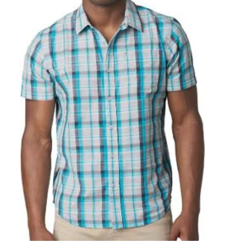 Prana Mens Size Large Tamrack Short Sleeve Button Down Shirt Blue Plaid Casual